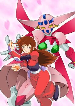 Rule 34 | 2girls, arm guards, armor, blunt sidelocks, boobplate, breastplate, brown eyes, brown hair, commentary request, fishnet sleeves, fishnets, full body, getter rekka, getter robo, getter robo daikessen!, long hair, looking at viewer, mecha, mecha focus, mizuki akane, multiple girls, ninja, onnaski, pants, parted lips, pink armor, puffy short sleeves, puffy sleeves, red pants, robot, robot girl, short sleeves, sidelocks, smile, super robot, walking, yellow eyes
