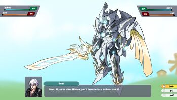 1boy absurdres commentary crossover double-parted_bangs eiyuu_densetsu english_commentary english_text fake_screenshot floating glowing glowing_eyes hair_between_eyes health_bar highres holding holding_sword holding_weapon james_(sirjames079) mecha mecha_focus mechanical_wings rean_schwarzer red_eyes robot sen_no_kiseki sen_no_kiseki_(series) sen_no_kiseki_iv short_hair super_robot_wars sword user_interface valimar video_game_dialogue_box weapon white_hair wings