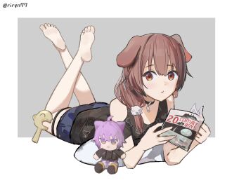 1girl animal_ears arm_support artist_name bare_shoulders barefoot black_shirt blue_shorts border closed_mouth clothing_request collar dog_ears dot_nose feet full_body fumo_(doll) grey_background holding holding_magazine hololive inugami_korone inugami_korone_(roomwear) listener_(inugami_korone) looking_at_viewer low_ponytail lying magazine_(object) medium_hair nekomata_okayu on_stomach pillow ponytail red_eyes riryn77 shirt short_shorts shorts simple_background soles solo the_pose toes twitter_username virtual_youtuber white_border