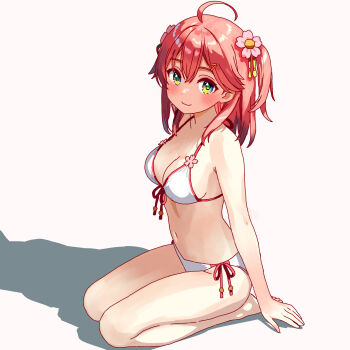 1girl ahoge bikini breasts cleavage commentary_request dr._junyaman flower front-tie_bikini_top front-tie_top green_eyes hair_flower hair_ornament highres hololive medium_breasts medium_hair red_hair sakura_miko seiza shadow side-tie_bikini_bottom simple_background sitting solo swimsuit two_side_up white_background white_bikini