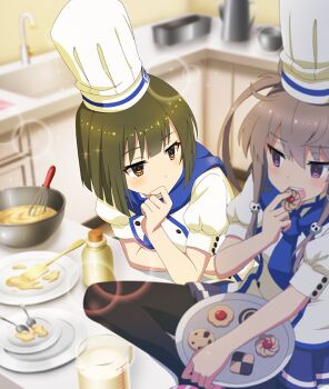 2girls baking ban_tsugumi batter black_pantyhose blue_neckerchief blue_skirt blunt_ends blush bob_cut brown_hair buttons checkerboard_cookie chef_hat cookie dot_nose double-breasted eating faucet food game_cg green_hair hair_ornament hat holding holding_cookie holding_food holding_tray indoors kitchen leaning_on_table lens_flare looking_at_another measuring_cup medium_hair mixing_bowl multiple_girls neckerchief official_art on_table open_mouth pantyhose patissier plate purple_eyes shichinosato_kofuki shirt short_hair short_sleeves sidelocks sideways_glance sink sitting skirt skull_hair_ornament sparkle spatula spoon table teeth third-party_source toji_no_miko toji_no_miko:_kizamishi_issen_no_tomoshibi tray upper_teeth_only whisk white_hat white_shirt yellow_eyes