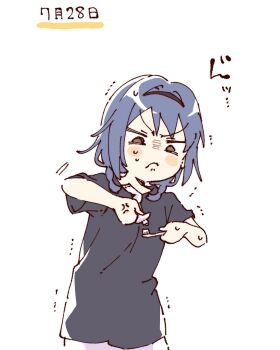 1girl anger_vein black_hairband black_shirt blue_hair blush_stickers braid brown_eyes closed_mouth furutani_himawari hairband hashtag-only_commentary highres holding holding_toothbrush holding_tube namori shirt short_hair short_sleeves simple_background solo squeezing sweat toothbrush toothpaste translation_request trembling twin_braids upper_body v-shaped_eyebrows white_background yuruyuri