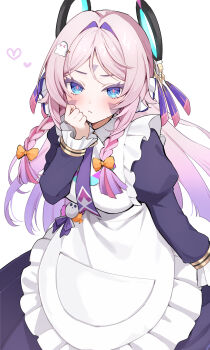 1girl alternate_costume apron black_dress blue_eyes bow braid citlali_(genshin_impact) closed_mouth commentary contemporary dress enmaided facial_mark genshin_impact hair_bow hand_up highres light_blush long_hair long_sleeves looking_at_viewer maid orange_bow pink_hair pink_pupils simple_background solo triangle triangle_facial_mark twin_braids ura_(hamburg_oniku) white_apron white_background