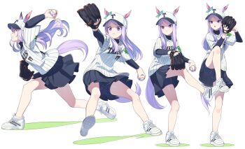 1girl absurdres animal_ears ball baseball baseball_cap baseball_glove baseball_jersey bike_shorts black_shirt black_skirt clenched_teeth ears_through_headwear hat highres holding holding_ball horse_ears horse_girl horse_tail jersey long_hair mejiro_mcqueen_(umamusume) motion_blur multiple_views nishiki_kazue pitching purple_eyes purple_hair sequential shirt shoes simple_background skirt sneakers standing standing_on_one_leg tail teeth throwing umamusume v-shaped_eyebrows white_background white_footwear white_headwear