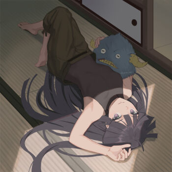 Rule 34 | 1girl, akatsuki (log horizon), armpits, barefoot, black hair, brown pants, log horizon, long hair, looking at viewer, lying, pants, purple eyes, sleeveless, solo, srm463, very long hair