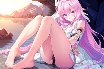 1girl absurdres adapted_costume bare_shoulders barefoot black_panties breasts commentary_request diamond-shaped_pupils diamond_(shape) dress elf elysia_(herrscher_of_human:_ego)_(honkai_impact) elysia_(honkai_impact) feet hair_ornament highres honkai_(series) honkai_impact_3rd knees_up lake large_breasts long_hair looking_at_viewer mountainous_horizon multicolored_hair panties pink_hair pointy_ears purple_eyes sitting smile solo symbol-shaped_pupils takuma_(takumo7121) thighs toes tree triquetra two-tone_hair underwear very_long_hair water white_dress white_hair