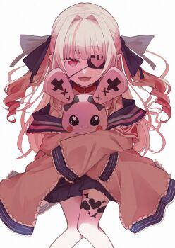 Rule 34 | 1girl, :d, armband, belt collar, blue ribbon, blue sailor collar, blue skirt, collar, colored inner hair, debitto (makaino ririmu), drill hair, eyepatch, fangs, feet out of frame, floating hair, grey hair, hair intakes, hair over shoulder, hair ribbon, heart, heart eyepatch, highres, holding, holding stuffed toy, jacket, leaning forward, leg tattoo, long hair, looking at viewer, makaino ririmu, makaino ririmu (4th costume), miniskirt, multicolored hair, nijisanji, off shoulder, open clothes, open jacket, open mouth, pink hair, pink jacket, pink streaks, pleated skirt, pointy ears, red collar, red eyes, ribbon, sailor collar, school uniform, serafuku, shirt, sidelocks, simple background, skirt, sleeves past fingers, sleeves past wrists, smile, solo, standing, straight-on, streaked hair, stuffed animal, stuffed rabbit, stuffed toy, tattoo, two-tone hair, two side up, upturned eyes, virtual youtuber, white background, white shirt, winged heart, winged heart tattoo, yutanabe