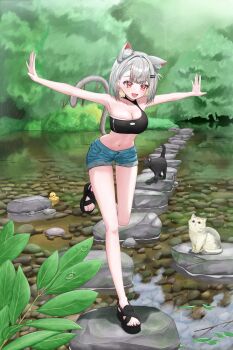 1girl absurdres animal animal_ear_fluff animal_ears armpits black_cat black_sandals black_shirt breasts cat cat_ears cat_girl cat_tail cleavage commentary_request crop_top cropped_shirt day denim denim_shorts earclip earrings full_body grey_hair hair_intakes hair_ornament hairclip highres jewelry jjalbaaaaa korean_commentary large_breasts leg_up navel neneko_mashiro open_mouth outdoors outstretched_arms parallel_hairclips parted_bangs plant red_eyes reflection reflective_liquid river rock rubber_duck sandals shirt short_hair short_shorts shorts smile solo sparkle spread_arms standing standing_on_one_leg stellive stomach tail toes virtual_youtuber water white_cat zipper_pull_tab