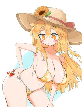 1girl absurdres ass bikini blonde_hair blue_background blush bow braid breasts bright_pupils cowboy_shot crab flower hair_between_eyes hair_bow hand_on_own_hip hand_on_own_knee hat hat_flower highres huge_breasts kirisame_marisa leaning_forward long_hair open_mouth orange_eyes raised_eyebrows side_braid simple_background single_braid solo sun_hat swimsuit thick_thighs thighs touhou turning_head two-tone_background vinni_puh white_background white_pupils yellow_bikini