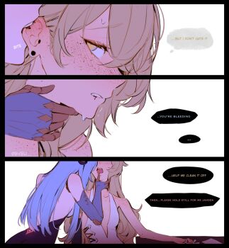 ... 2girls android bare_shoulders biting biting_ear biting_own_lip bleeding blonde_hair blood blue_hair body_freckles bvbu collarbone commentary english_commentary english_text freckles genshin_impact highres ineffa_(genshin_impact) jahoda_(genshin_impact) long_hair mechanical_arms multiple_girls open_mouth paper shoulder_freckles simple_background spoken_ellipsis twitter_username upper_body wavy_hair white_background yellow_eyes yuri