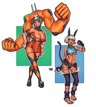 1girl 2022 2girls abs absurdres animal_ears arched_back bare_shoulders belt belt_pouch blonde_hair blue_eyes blue_shirt boots border breasts breasts_out brown_lips cat_ears cat_girl cat_tail cerebella_(skullgirls) claw_pose clothes_lift colored_eyelashes commentary contrapposto crossed_legs dark-skinned_female dark_skin diamond_(shape) dress dynamic_pose english_commentary eyeshadow fangs fangs_out female_focus fingerless_gloves fingernails full_body fur-trimmed_thighhighs fur_trim gloves green_hair green_lips hand_on_own_hip hat highres large_breasts lipstick long_fingernails long_sleeves looking_at_viewer makeup medium_breasts ms._fortune_(skullgirls) multiple_girls muscular_arms navel open_mouth panties pouch revealing_clothes scar sharp_teeth shiny_skin shirt short_dress short_hair skindentation skull skullgirls sleeveless sleeveless_shirt smile solo tail teeth thick_thighs thigh_boots thighhighs thighs toned toned_female twisted_torso underboob underwear utility_belt very_short_hair vice-versa_(skullgirls) vj99 white_background white_border white_hair wide_hips wide_sleeves