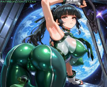 1girl arm_up armpit_focus armpits ass bare_arms black_hair blunt_bangs blush bodysuit breasts brown_eyes cameltoe commentary_request covered_anus covered_erect_nipples earth_(planet) eve_(stellar_blade) fingerless_gloves gloves green_bodysuit impossible_bodysuit impossible_clothes itzah large_breasts long_hair looking_at_viewer parted_lips pixel_art planet ponytail skin_tight solo space stellar_blade twisted_torso white_gloves