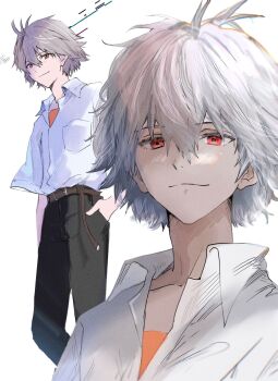 Rule 34 | 1boy, belt, black pants, brown belt, closed mouth, collared shirt, commentary, grey hair, hair between eyes, hand in pocket, highres, light smile, looking at viewer, male focus, multiple views, nagisa kaworu, neon genesis evangelion, orange shirt, pants, red eyes, school uniform, shirt, short hair, simple background, soraaaa53, untranslatable commentary, tokyo-3 middle school uniform, white background, white shirt