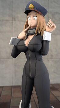 1girl 3d black_bodysuit bodysuit boku_no_hero_academia breasts brown_eyes brown_hair cleavage curvy dentol finger_to_mouth hat highres large_breasts medium_hair smile solo thighs utsushimi_kemii wrist_cuffs zipper