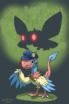 Rule 34 | archen, blue eyes, clothed pokemon, doesnotexist, fangs, gen 3 pokemon, gen 5 pokemon, hat, highres, ninjask, nintendo, no humans, pokemon, pokemon (creature), pokemon mystery dungeon, signature, silhouette, tail