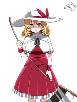 1girl absurdres blonde_hair blush bow breasts capelet closed_mouth commentary_request cowboy_shot dress drill_hair drill_sidelocks elly_(touhou) frilled_dress frills hat hat_bow highres holding holding_scythe large_breasts looking_at_viewer medium_hair red_bow red_dress rinyamame scythe shaded_face sidelocks simple_background smile solo sun_hat touhou touhou_(pc-98) white_background white_capelet white_hat wristband yellow_eyes