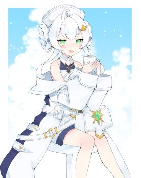 1girl ahoge bag bare_shoulders bastelina_(stella_sora) blush braid braided_hair_rings coffee_mug commentary cup dress english_commentary feet_out_of_frame fruitfroze green_eyes hair_intakes hair_rings halter_dress halterneck hat highres holding holding_cup jacket jacket_partially_removed knees_together_feet_apart mug off_shoulder on_stool open_mouth satchel short_hair_with_long_locks sitting sleeveless sleeveless_dress smile solo stella_sora white_dress white_hair white_hat white_jacket wide_sleeves