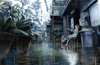 Rule 34 | 1girl, air conditioner, architecture, brown hair, chair, colored pencil (medium), dress, east asian architecture, flower, highres, house, looking up, millipen (medium), muted color, nekojarashi (yuuga), original, outdoors, outstretched hand, pen (medium), plant, potted plant, profile, railing, rain, ripples, scenery, short hair, sitting, slice of life, slippers, solo, traditional media, trash can, water