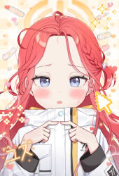 Rule 34 | 1girl, bandaid, blue archive, blush, braid, cursor, forehead, halo, hands up, jacket, kubong, long hair, long sleeves, looking at viewer, parted lips, pixelated, plaid, plaid background, power symbol, puffy long sleeves, puffy sleeves, purple eyes, red hair, solo, sweat, upper body, white jacket, yuzu (blue archive)