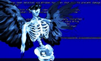 :| black_wings blue_screen_of_death body_horror broken_wing closed_eyes closed_mouth double-parted_bangs exposed_bone falling feathered_wings hair_between_eyes head_tilt hip_bones kim_dokja letterboxed macaronijail omniscient_reader&#039;s_viewpoint outside_border ribs severed_arm severed_hair severed_limb skeleton skinned spine wings