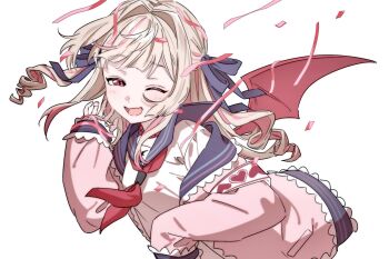 Rule 34 | 1girl, ;d, armband, belt collar, blue ribbon, blue sailor collar, blush, collar, colored inner hair, commentary request, confetti, demon wings, drill hair, fang, floating hair, from side, grey hair, hair intakes, hair over shoulder, hair ribbon, half-closed eye, heart, highres, jacket, leaning forward, long hair, looking at viewer, makaino ririmu, makaino ririmu (4th costume), multicolored hair, neckerchief, nijisanji, off shoulder, one eye closed, open clothes, open jacket, open mouth, pink hair, pink jacket, pink streaks, red collar, red eyes, red neckerchief, red wings, ribbon, sailor collar, samehara szk, school uniform, serafuku, shirt, sidelocks, simple background, skin fang, sleeves past fingers, sleeves past wrists, smile, solo, standing, streaked hair, two-tone hair, two side up, upper body, virtual youtuber, white background, white shirt, wings