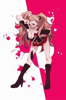 1girl :d bear_hair_ornament bent_over big_hair black_bra black_choker blonde_hair boots bow bra breasts choker cleavage danganronpa_(series) enoshima_junko fingernails full_body hair_ornament hand_on_own_hip highres knee_boots lace-up_boots large_breasts legs_apart looking_at_viewer miniskirt nail_polish necktie open_mouth pleated_skirt red_bow red_nails red_skirt skirt sleeves_rolled_up smile solo standing sumustard teeth twintails underwear upper_teeth_only v