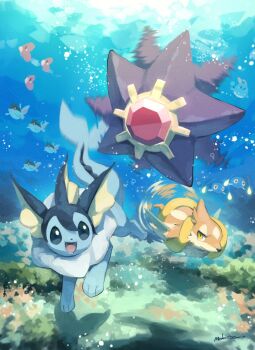 blue_fur body_fur brown_fur finneon fins fish floatzel gen_1_pokemon gen_2_pokemon gen_3_pokemon gen_4_pokemon highres lanturn luvdisc makoto_ikemu nintendo no_humans pokemon pokemon_(creature) starmie underwater vaporeon weasel yellow_eyes