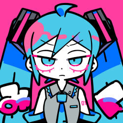 Rule 34 | 1girl, ahoge, aqua eyes, aqua hair, aqua necktie, bare shoulders, black sleeves, breasts, character name, close-up, collared shirt, constricted pupils, detached sleeves, grey shirt, hatsune miku, highres, long hair, looking at viewer, necktie, number tattoo, pink background, portrait, shirt, simple background, small breasts, solo, straight-on, tattoo, terada tera, twintails, unamused, upturned eyes, v-shaped eyebrows, v-shaped eyes, vocaloid