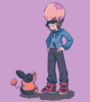 1boy baseball_cap black_pants black_shirt blue_jacket brown_eyes brown_hair closed_mouth gen_5_pokemon hands_on_own_hips hat highres hilbert_(pokemon) jacket long_sleeves mochi_okomekome munna nintendo on_head pants pokemon pokemon_(creature) pokemon_bw pokemon_on_head shirt shoes short_hair smile tail tepig