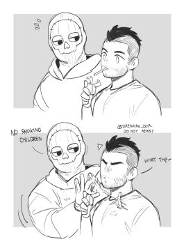 2boys call_of_duty call_of_duty:_modern_warfare_2 cigarette dreaming_oor english_text facial_hair ghost_(modern_warfare_2) highres holding holding_cigarette holding_lighter hood hood_down hoodie lighter looking_at_another male_focus mask monochrome multiple_boys shirt short_hair skull_mask soap_(modern_warfare_2)