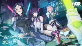 &gt;_&lt; 3girls armor armored_boots black_bodysuit blue_eyes bodysuit boots breasts can chicken_(food) closed_eyes closed_mouth dress drink_can emyo food fried_chicken gloves glowstick goddess_of_victory:_nikke harran_(nikke) highres holding holding_glowstick holographic_interface isabel_(nikke) kneeling large_breasts leotard long_hair looking_at_viewer medium_hair multiple_girls navel night night_sky noah_(nikke) official_art open_mouth outdoors pink_hair purple_boots purple_eyes purple_gloves purple_hair second-party_source sitting sky smile soda_can star_(sky) starry_sky teeth tongue upper_teeth_only