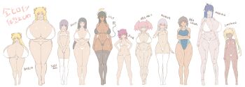 6+girls aqua_eyes bikini black_hair blonde_hair blue_eyes bust_chart breasts brown_hair character_name competition_swimsuit crossed_arms dark-skinned_female dark_skin english_text feet flat_chest full_body gigantic_breasts glasses halo hands_on_own_hips horns huge_breasts katsuki_yousuke large_breasts long_hair mecha medium_breasts micro_bikini model_sheet multiple_girls navel one-piece_swimsuit original pale_skin pink_hair pubic_tattoo purple_hair red_eyes red_hair robot short_hair size_comparison swimsuit tail tattoo thighhighs twintails white_background