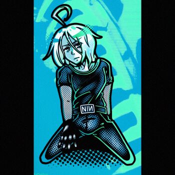 Rule 34 | 1boy, ahoge, belt, black belt, black gloves, black pants, black shirt, blue eyes, commentary, english commentary, gloves, green eyes, hair between eyes, highres, male focus, nine inch nails, pants, phobos-anomaly, photo-referenced, pillarboxed, shirt, short hair, solo, utatane piko, vocaloid, white hair