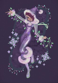 1girl adapted_costume asymmetrical_bangs boots christmas christmas_lights commentary detached_sleeves eyelashes fairy full_body fur-trimmed_jumpsuit fur-trimmed_sleeves fur_trim green_wings grey_boots grey_eyes grey_sleeves hair_over_one_eye happy hat highres holding hood hood_up hooded_jacket jacket jumpsuit knee_boots light_blush lipstick long_sleeves magical_girl makeup open_mouth outstretched_arm pink_hair pom_pom_(clothes) purple_background purple_jumpsuit red_lips santa_hat short_hair signature sleeveless_jumpsuit smile snowflakes solo sparkle stardust_axel symbol-only_commentary tecna_(winx_club) teeth wings winx_club