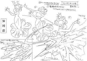 1girl absurdres attack bishoujo_senshi_sailor_moon bishoujo_senshi_sailor_moon_s bishoujo_senshi_sailor_moon_s_the_movie:_kaguya-hime_no_koibito breasts reference_sheet cleavage dress full_body hair_ornament highres medium_breasts monochrome monster_girl motion_lines multiple_views narrow_waist no_ears no_humans official_art scan sequential smile snow snow_dancer_(sailor_moon) toei_company translation_request wide_hips