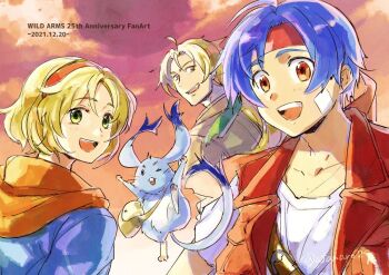 1girl 2boys ahoge blonde_hair blue_hair cecilia_lynne_adelhyde coat commentary_request dated green_eyes hairband hanpan jack_van_burace looking_at_viewer meg_(utamaro24) multiple_boys open_mouth red_hairband rody_roughnight short_hair smile vest wild_arms wild_arms_1