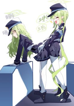 2girls absurdres armband bent_over black_boots black_jacket black_shorts black_skirt blue_archive blue_armband boots dry_humping from_side gloves green_hair green_halo halo hat highres hikari_(blue_archive) humping incest its2h35 jacket long_hair long_sleeves looking_back multiple_girls nozomi_(blue_archive) open_mouth pantyhose parted_lips peaked_cap pointy_ears shorts siblings sisters skirt smile speech_bubble standing tiptoes twintails very_long_hair white_gloves white_pantyhose yellow_eyes yuri