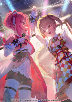 2girls bow commentary_request gloves highres holding holding_microphone idol idoly_pride kawasaki_sakura_(idoly_pride) looking_at_another microphone multiple_girls music official_art ootori_kokona open_mouth pink_hair ribbon saraki shorts siblings singing sisters smile stage twintails white_gloves world_dai_star yellow_eyes