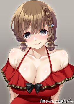 1girl asahi_(kancolle) asahi_(swimsuit)_(kancolle) braid breasts brown_hair casual_one-piece_swimsuit clothes_on_shoulders frilled_one-piece_swimsuit frills grey_background grey_eyes highres kantai_collection large_breasts looking_at_viewer mole mole_under_mouth off-shoulder_one-piece_swimsuit off_shoulder one-piece_swimsuit red_one-piece_swimsuit ruin_re_birth short_hair side_braids smile solo spaghetti_strap swimsuit twitter_username upper_body