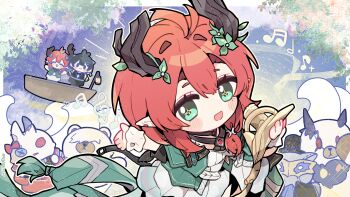 Rule 34 | 1girl, absurdres, arm up, chinese commentary, ciaccona (wuthering waves), commentary request, cuddle wuddle (wuthering waves), diggy duggy (wuthering waves), dress, female rover (wuthering waves), green eyes, green jacket, highres, hocus pocus (wuthering waves), holding, holding microphone stand, horns, jacket, kyou 039, looking at viewer, lottie lost (wuthering waves), microphone stand, musical note, open mouth, outstretched arm, pointy ears, red hair, rover (wuthering waves), smile, solo, tacet discord (wuthering waves), tree horns, white dress, wuthering waves, yellow pupils