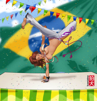 1girl _malfunction armband barefoot bikini_tan brazil breasts breasts_out brown_eyes capoeira christie_monteiro confetti criss-cross_halter dark-skinned_female dark_skin female_focus fingerless_gloves flag gloves halterneck handstand highres komainu_(artist) long_hair lowleg lowleg_pants namco navel nipples one_arm_handstand pants ponytail soles solo spread_legs string tan tanline tekken toned toned_female upside-down very_dark_skin