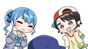 +_+ 3girls :d baseball_cap black_hair blue_bow blue_eyes blue_hat blush_stickers bow cardigan chibi closed_eyes closed_mouth grey_cardigan hair_bow hands_up hat highres hololive hoshimachi_suisei hoshimachi_suisei_(sailor) long_hair long_sleeves minato_aqua mochimiko multiple_girls oozora_subaru oozora_subaru_(1st_costume) open_cardigan open_clothes open_mouth pleated_skirt puffy_long_sleeves puffy_sleeves purple_eyes sailor_collar school_uniform serafuku shirt short_sleeves side_ponytail sideways_hat simple_background skirt sleeves_past_wrists smile star_(symbol) striped_bow striped_clothes striped_shirt vertical-striped_clothes vertical-striped_shirt virtual_youtuber white_background white_sailor_collar white_serafuku white_shirt white_skirt