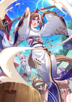 Rule 34 | 5girls, absurdres, animal ears, aqua kimono, black hair, black kimono, blue eyes, blue kimono, blue sky, blush, bow, brown hair, commentary request, covering own mouth, food, hair between eyes, hair bow, hand over own mouth, highres, holding, holding mallet, horse ears, horse girl, horse tail, iam (tetsu0ekaki), japanese clothes, kimono, kine, kitasan black (umamusume), lantern, long hair, long sleeves, mallet, mejiro mcqueen (umamusume), mochi, mochitsuki, mortar (bowl), multicolored hair, multiple girls, obi, open mouth, outdoors, paper lantern, pink kimono, print kimono, purple bow, purple eyes, purple hair, sash, short hair, sky, streaked hair, tail, tokai teio (umamusume), two-tone hair, umamusume, white hair, white kimono