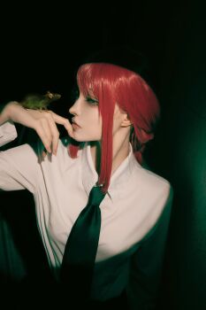 Rule 34 | 1girl, absurdres, arm at side, black necktie, blunt bangs, braid, braided ponytail, breasts, chainsaw man, closed mouth, collared shirt, commentary request, cosplay, cosplay photo, dark background, demon girl, expressionless, fingernails, formal clothes, from side, hand up, highres, kei 0220, long fingernails, long hair, long sidelocks, looking at another, makima (chainsaw man), mature female, medium breasts, mouse (animal), necktie, nose, office lady, pale skin, photo (medium), photoshop (medium), pink lips, raised eyebrows, real life, red hair, ringed eyes, shirt, sidelocks, single braid, standing, upper body, white shirt, wing collar, yellow eyes