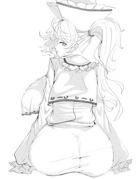 1girl absurdres aonori00 ass breasts collar frilled_collar frilled_hat frills from_behind greyscale hat high_ponytail highres large_breasts light_smile long_sleeves looking_back merlin_prismriver monochrome ponytail sitting smile touhou vest