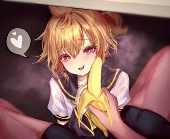 2boys ahoge azulasi banana black_arm_warmers black_male_underwear black_sailor_collar blonde_hair blush boxers commentary_request drooling food fruit hair_between_eyes heart heart_in_eye high_ponytail highres kagamine_len looking_at_viewer male_focus male_underwear multiple_boys neckerchief open_mouth ponytail pov pov_hands purple_eyes sailor_collar sexually_suggestive shirt short_hair short_ponytail short_sleeves solo_focus spoken_heart steam symbol_in_eye teeth under_table underwear upper_body upper_teeth_only vocaloid white_shirt yellow_neckerchief