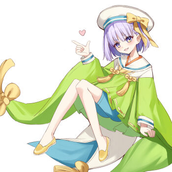 1girl blue_shorts blush bow breasts fate/grand_order fate_(series) green_kimono hair_bow hat heart highres japanese_clothes kazuradrop_(fate) kazuradrop_(first_ascension)_(fate) kimono le_memory long_sleeves looking_at_viewer open_mouth purple_eyes purple_hair sailor_collar shoes short_hair short_kimono shorts small_breasts smile solo tassel white_hat white_sailor_collar wide_sleeves yellow_bow yellow_shoes