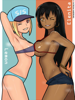 2girls arm_up armpits asymmetrical_docking bikini black_hair blonde_hair bracelet breast_press breasts cleavage cutoffs dark-skinned_female dark_skin denim denim_shorts docking earrings eyelashes eyeliner food fruit hand_on_own_hip hat highres jewelry lemon lips long_hair looking_at_viewer makeup mole multicolored_background multiple_girls one_eye_closed original patreon_username saberrung shiny_skin short_hair short_shorts shorts sideboob simple_background smile sport_girl_(saberrung) standing steam steaming_body string_bikini sweat swimsuit symmetrical_docking underboob yellow_eyes