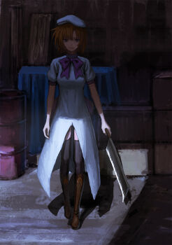 1girl barrel black_thighhighs blue_eyes boots bow bowtie dress front_slit full_body gloves hashitsuki_nata hat highres higurashi_no_naku_koro_ni holding holding_weapon knee_boots looking_at_viewer menka_(menka_wata) nata_(tool) orange_hair purple_bow purple_bowtie ryuuguu_rena shadow short_hair short_sleeves solo standing thighhighs walking weapon white_dress