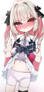 1girl absurdres bike_shorts black_gloves blush clothes_lift dress dress_lift gloves grey_hair heart highres huucha_(cpaf5377) lifting_own_clothes loli long_hair looking_at_viewer makaino_ririmu multicolored_hair navel nijisanji nose_blush open_mouth paid_reward_available pink_hair pointy_ears short_shorts shorts simple_background solo two-tone_hair variant_set virtual_youtuber white_background white_shorts